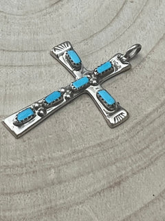 C. Iule Zuni Handmade Turquoise Cross Pendant - Cowhide and Conchos