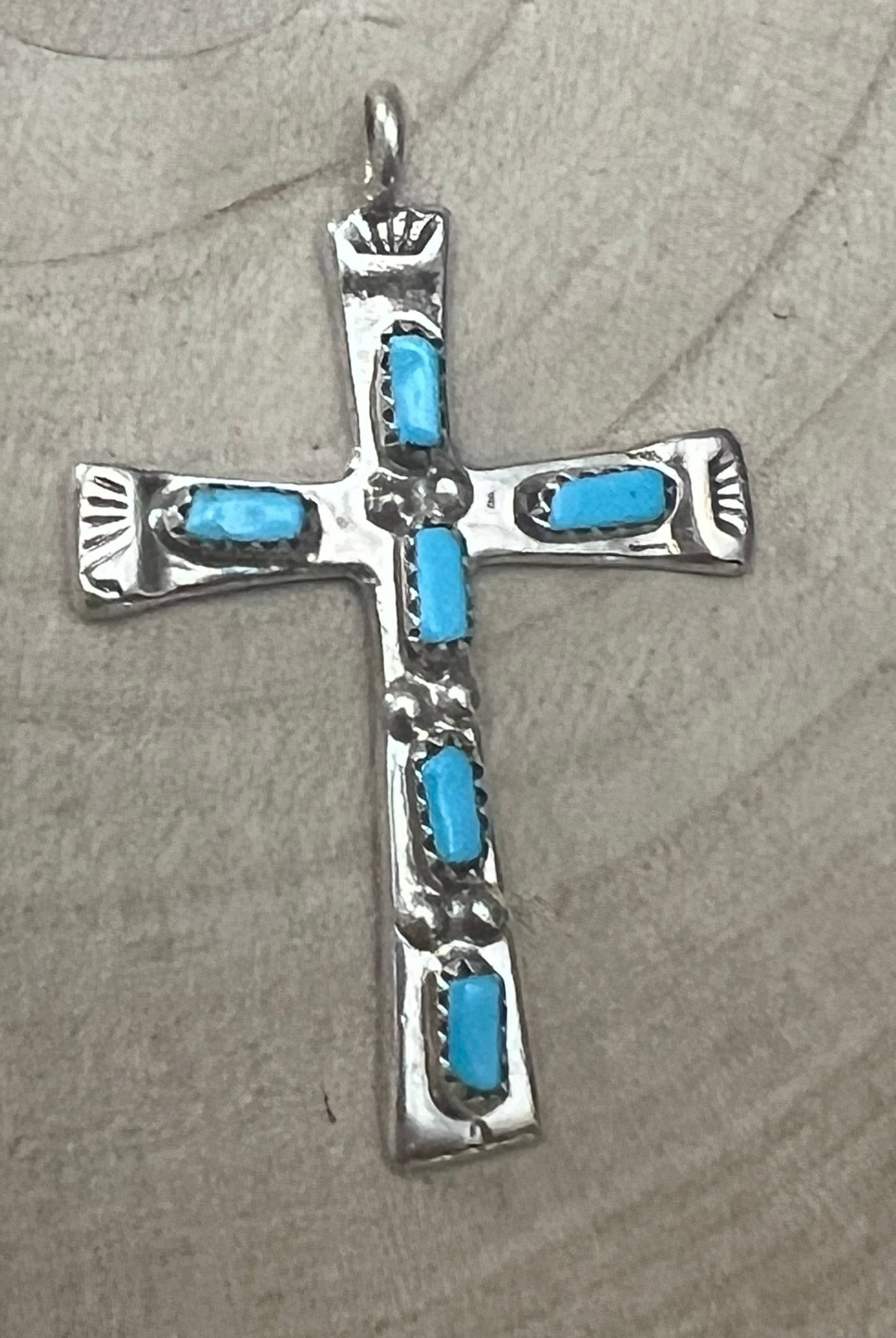 C. Iule Zuni Handmade Turquoise Cross Pendant - Cowhide and Conchos