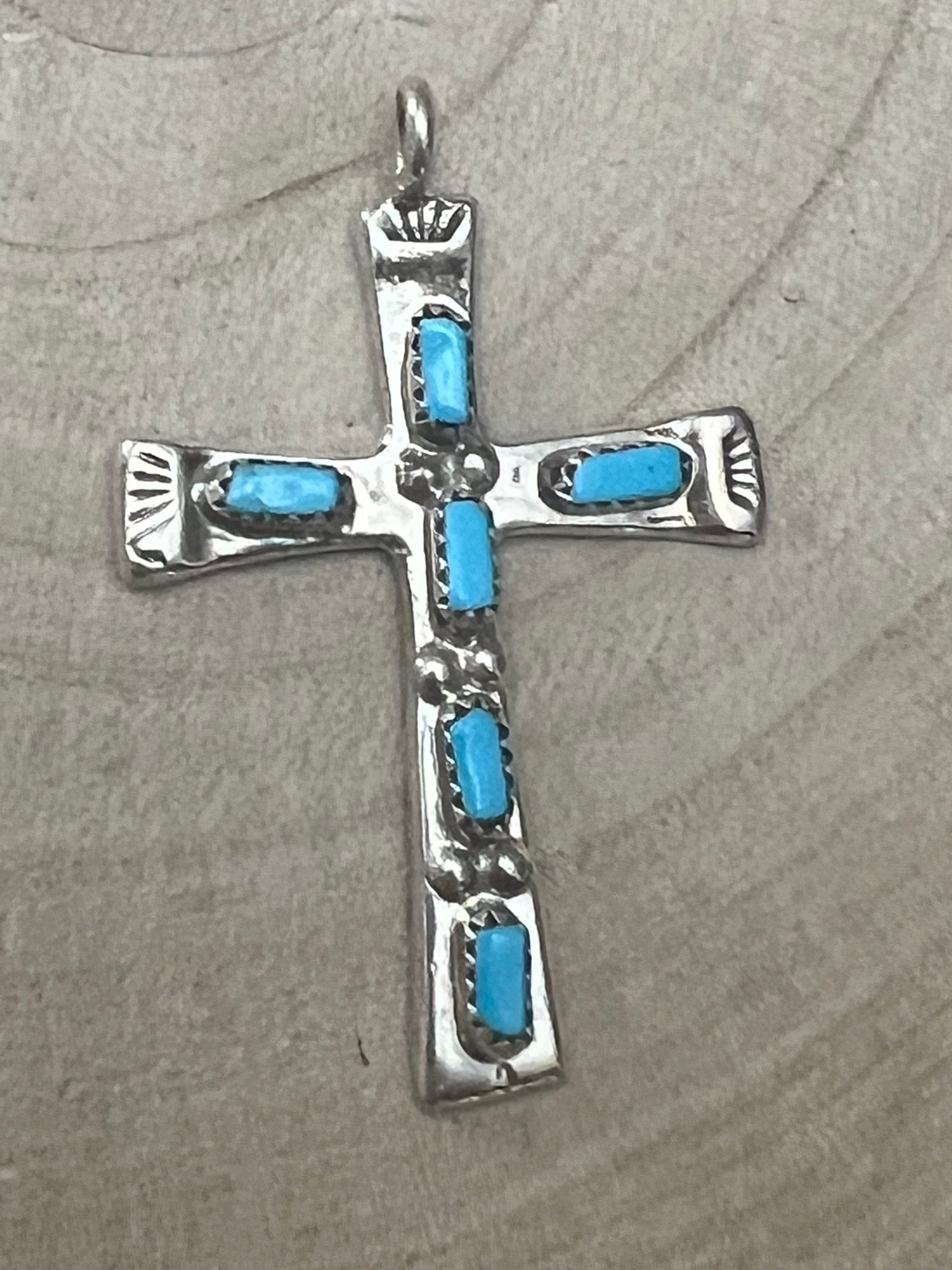 C. Iule Zuni Handmade Turquoise Cross Pendant - Cowhide and Conchos