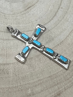 C. Iule Zuni Handmade Turquoise Cross Pendant - Cowhide and Conchos