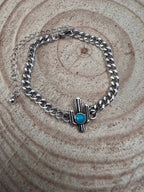 Cactus and Faux Turquoise Cuban Chain Bracelet - Cowhide and Conchos