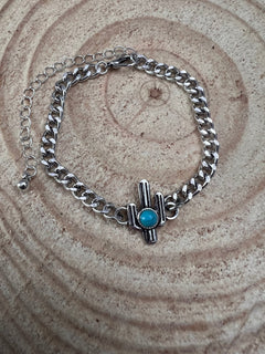 Cactus and Faux Turquoise Cuban Chain Bracelet - Cowhide and Conchos