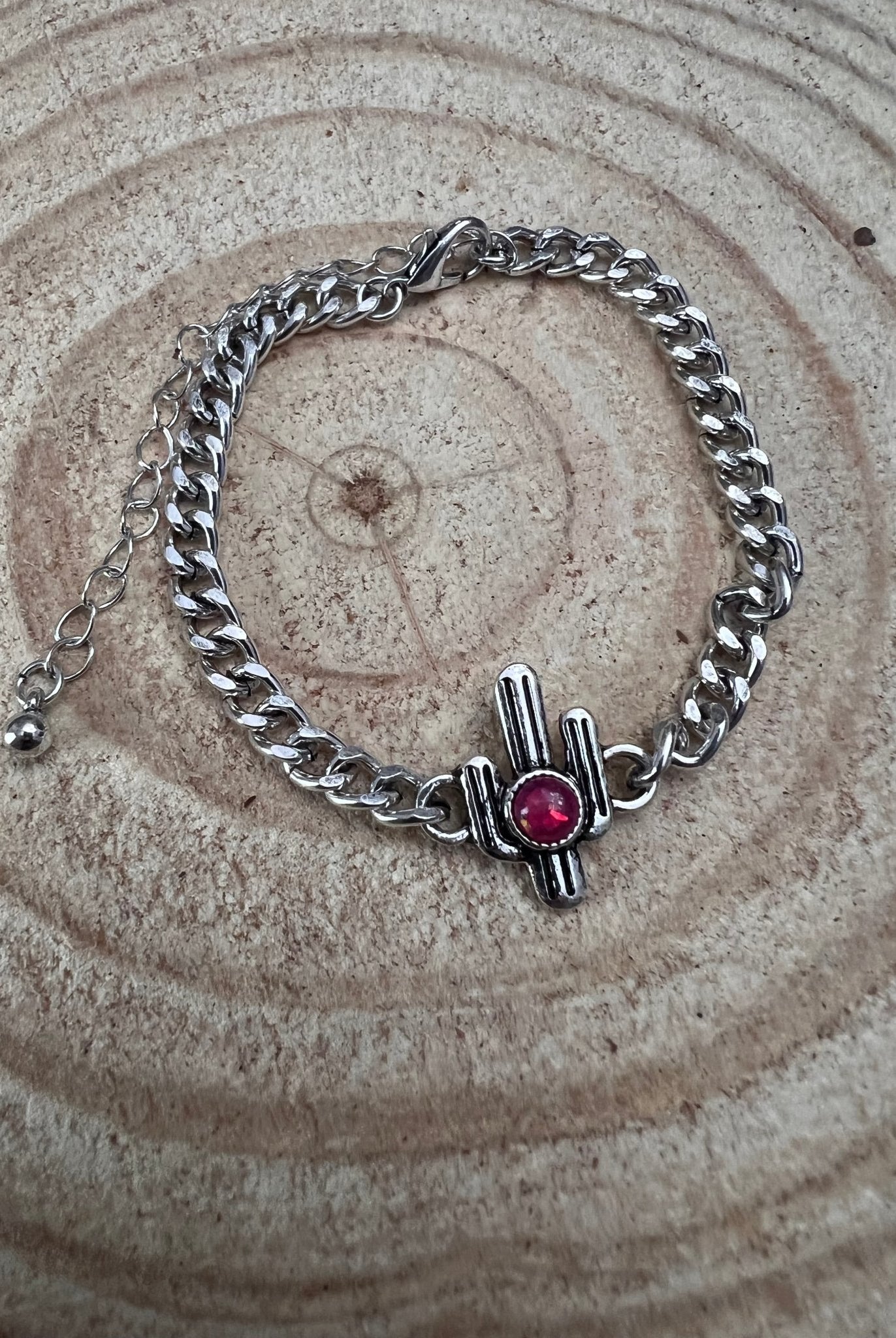Cactus and Pink Stone Cuban Chain Bracelet - Cowhide and Conchos