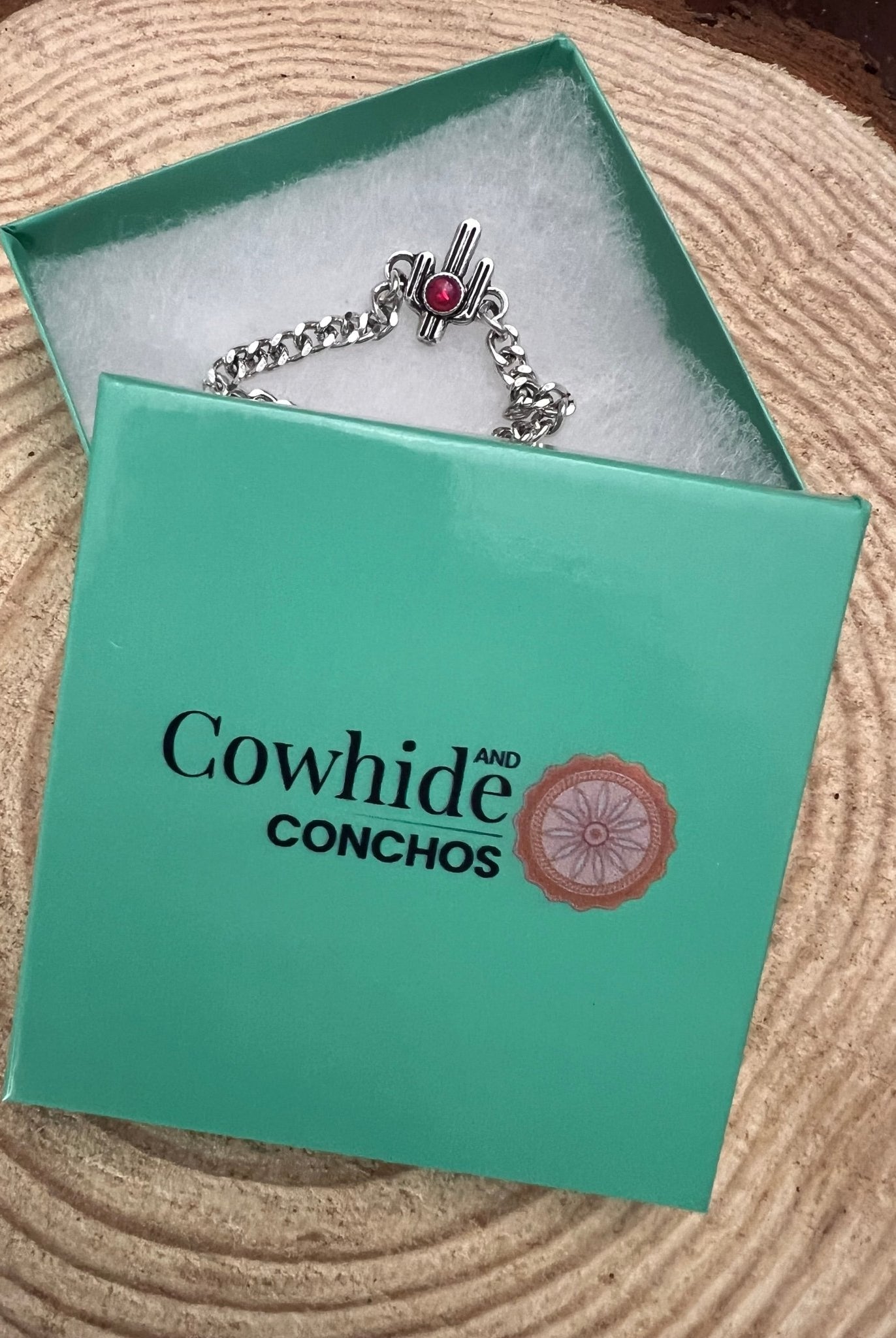 Cactus and Pink Stone Cuban Chain Bracelet - Cowhide and Conchos