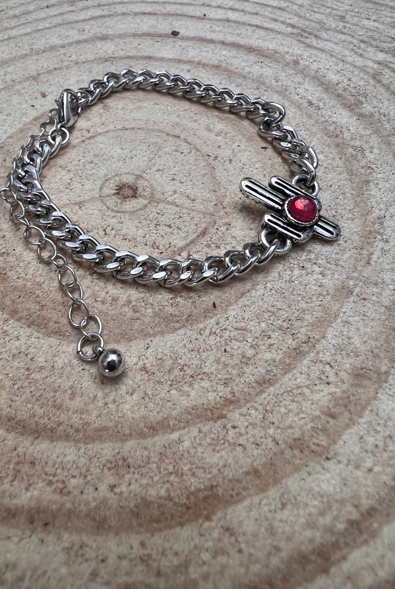 Cactus and Pink Stone Cuban Chain Bracelet - Cowhide and Conchos