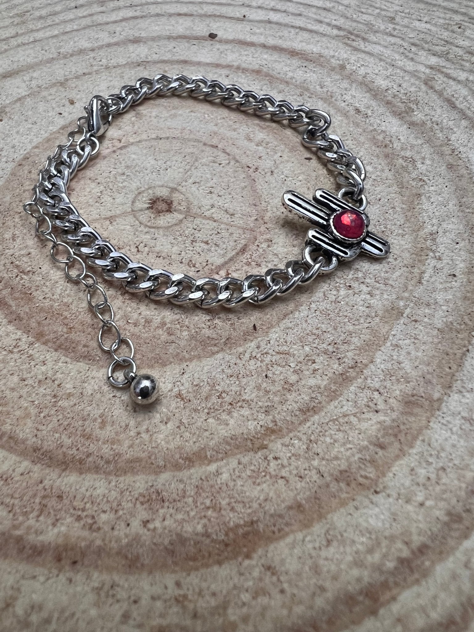 Cactus and Pink Stone Cuban Chain Bracelet - Cowhide and Conchos