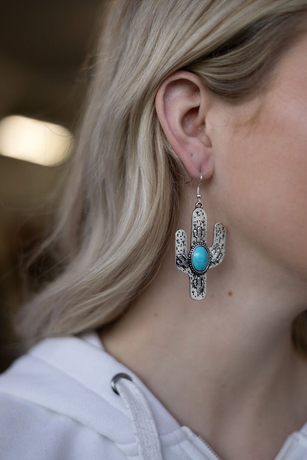Cactus Dangle Earrings with Faux Turquoise - 2 1/2 inch drop - Cowhide and Conchos