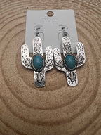 Cactus Dangle Earrings with Faux Turquoise - 2 1/2 inch drop - Cowhide and Conchos
