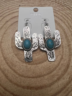 Cactus Dangle Earrings with Faux Turquoise - 2 1/2 inch drop - Cowhide and Conchos