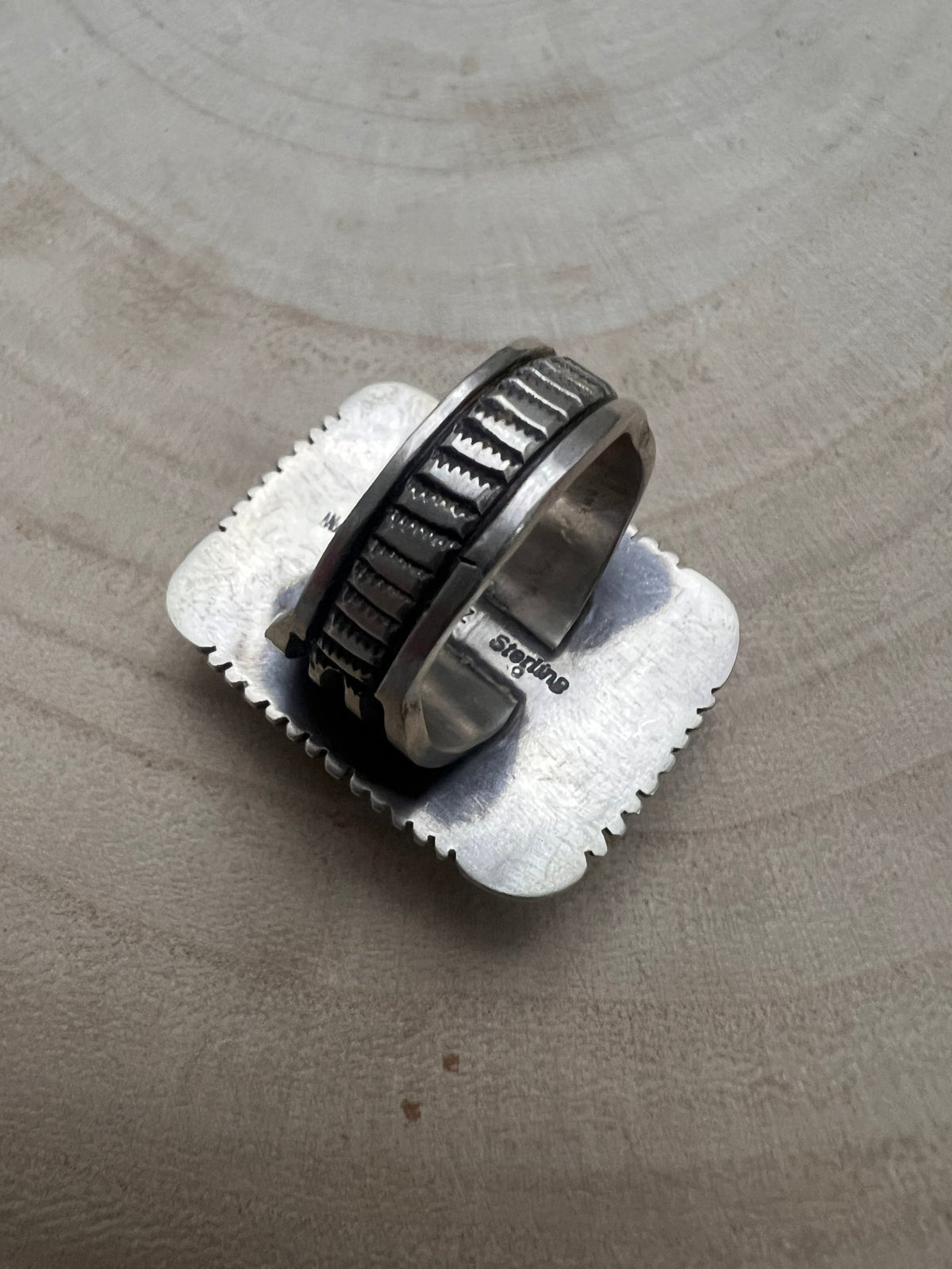 Calvin Martinez Navajo Sterling Silver Ring with Kingman Turquoise — Size 8.5, 1 1/4" × 1" Face (C.Mtz Hallmarked, Heirloom) - Cowhide and Conchos