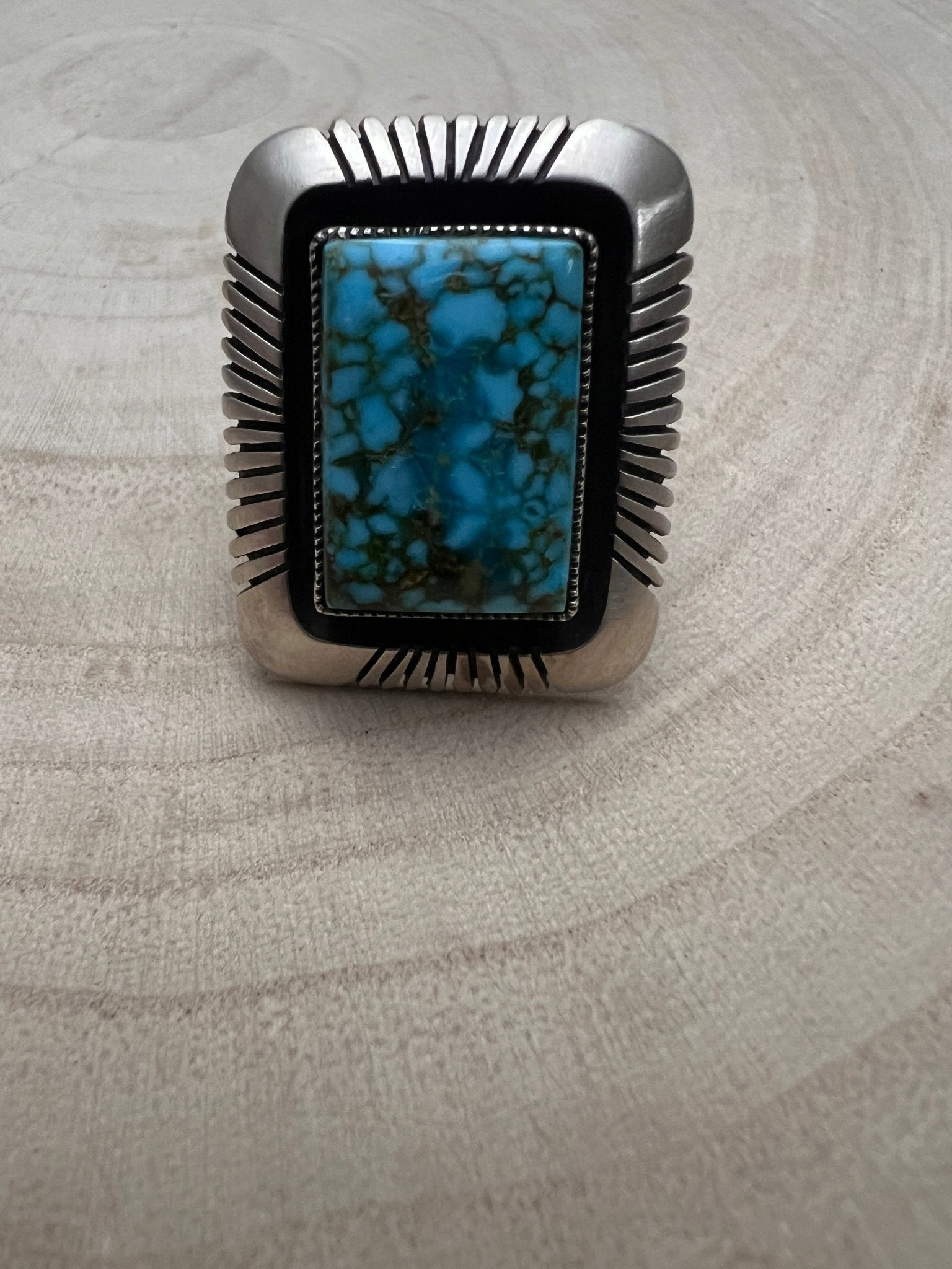 Calvin Martinez Navajo Sterling Silver Ring with Kingman Turquoise — Size 8.5, 1 1/4" × 1" Face (C.Mtz Hallmarked, Heirloom) - Cowhide and Conchos