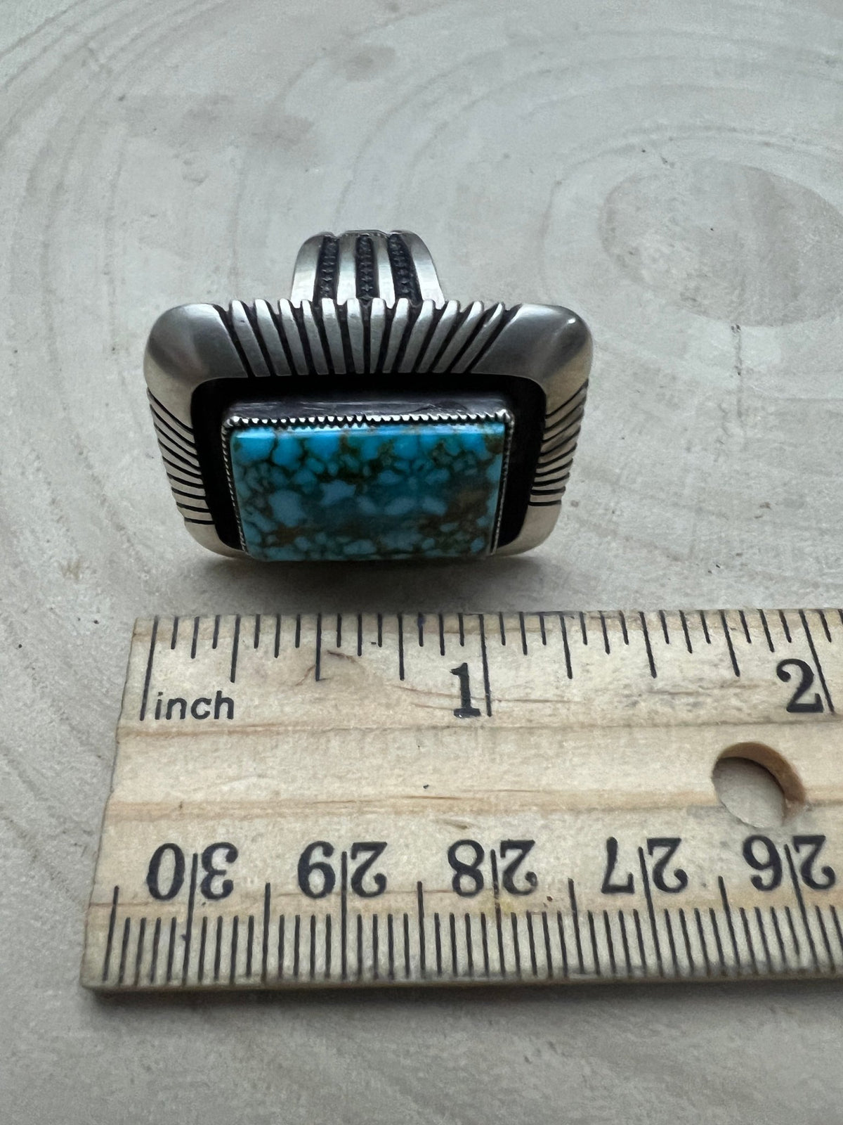 Calvin Martinez Navajo Sterling Silver Ring with Kingman Turquoise — Size 8.5, 1 1/4" × 1" Face (C.Mtz Hallmarked, Heirloom) - Cowhide and Conchos