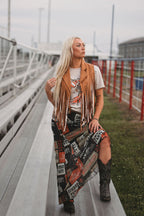Camel Open Front Fringe Vest - Cowhide and Conchos