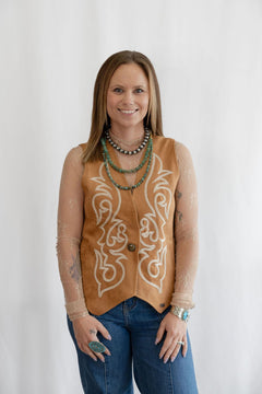 Camel Suede Boot Stitched Vest - Cowhide and Conchos