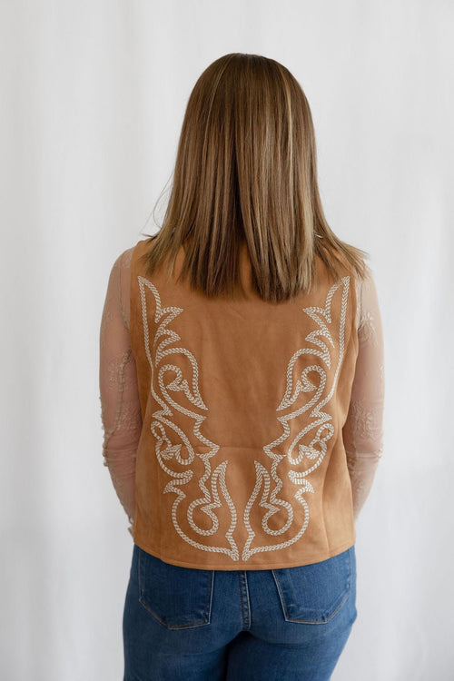 Camel Suede Boot Stitched Vest - Cowhide and Conchos