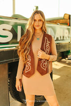 Camel Suede Boot Stitched Vest - Cowhide and Conchos