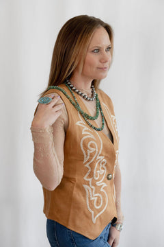 Camel Suede Boot Stitched Vest - Cowhide and Conchos