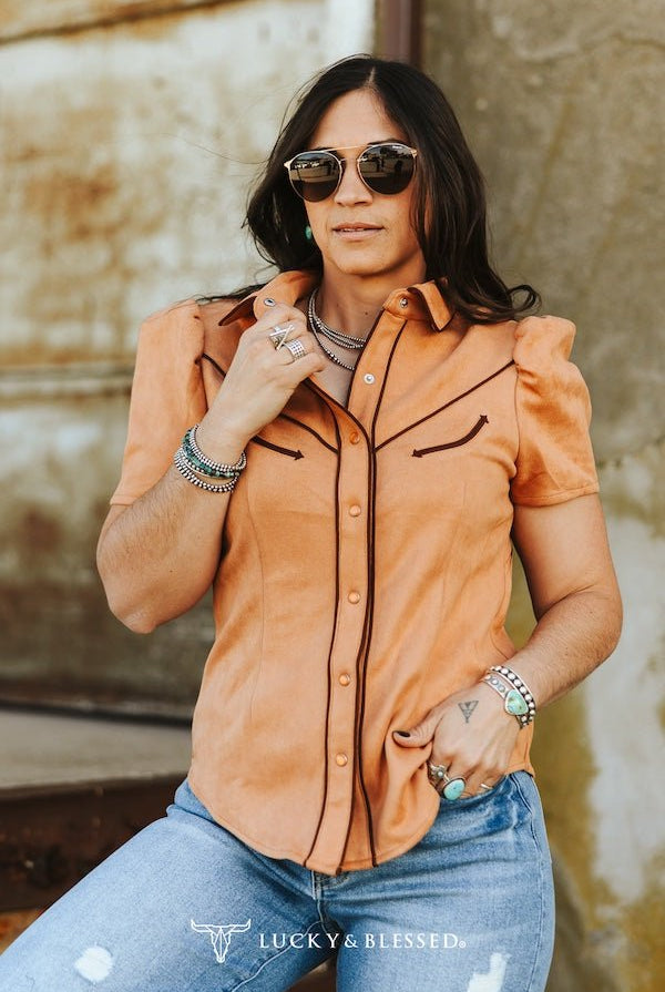 Camel Suede Contrast Arrow Pearl Snap Puff Sleeve Top - Cowhide and Conchos