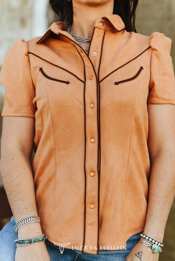 Camel Suede Contrast Arrow Pearl Snap Puff Sleeve Top - Cowhide and Conchos