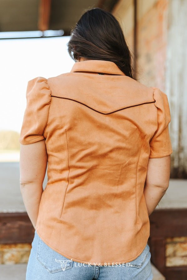 Camel Suede Contrast Arrow Pearl Snap Puff Sleeve Top - Cowhide and Conchos