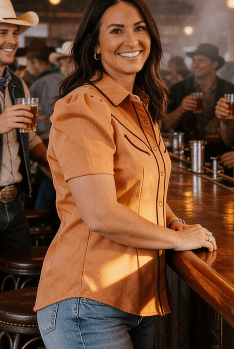 Camel Suede Western Pearl Snap Top – Puff Sleeve Cowgirl Shirt - Cowhide and Conchos