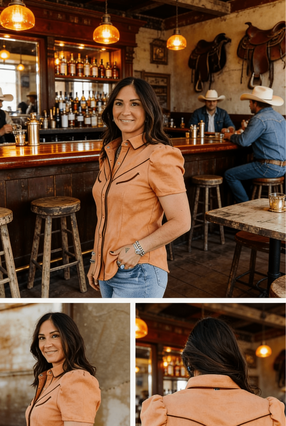 Camel Suede Western Pearl Snap Top – Puff Sleeve Cowgirl Shirt - Cowhide and Conchos