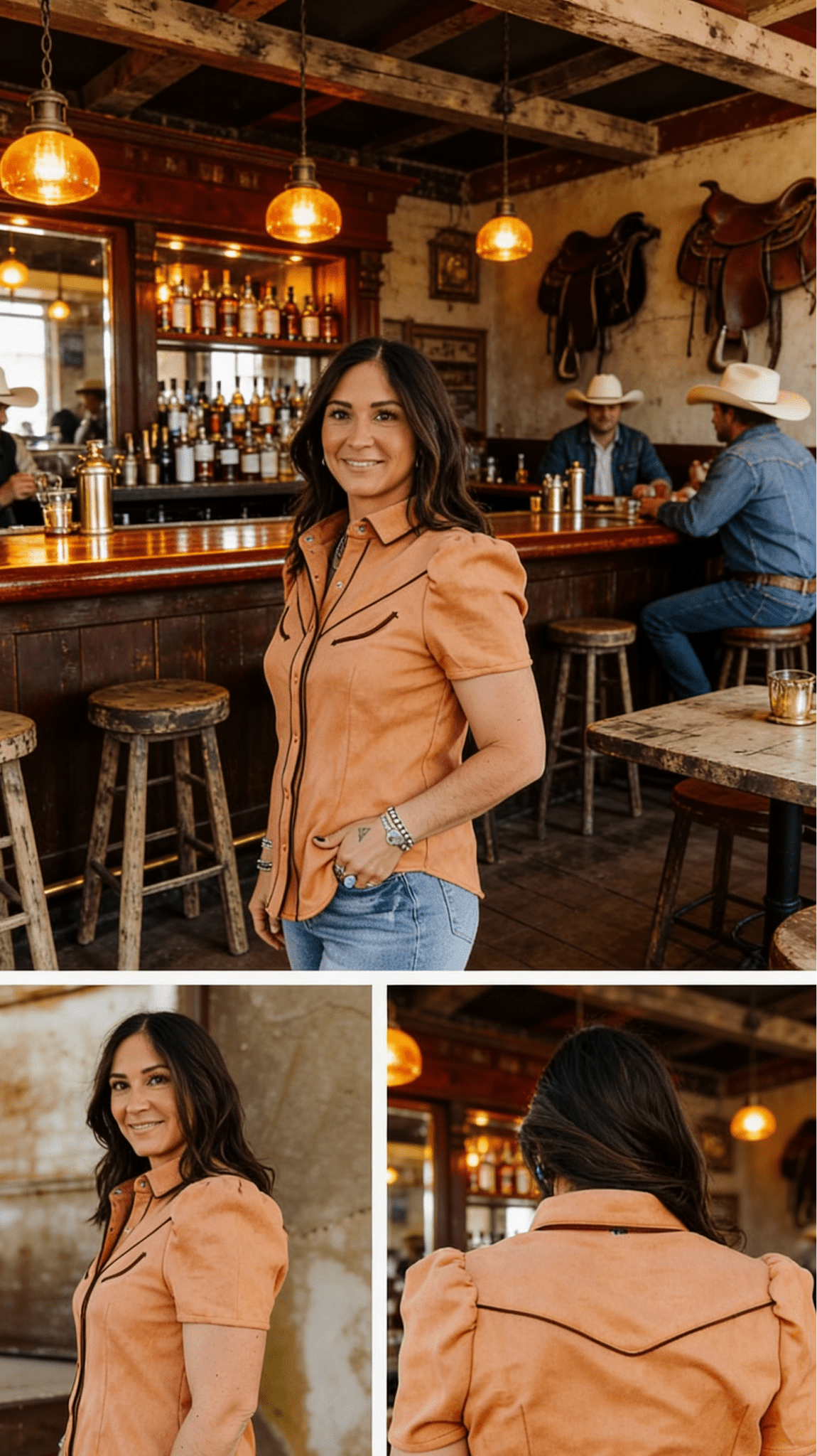 Camel Suede Western Pearl Snap Top – Puff Sleeve Cowgirl Shirt - Cowhide and Conchos