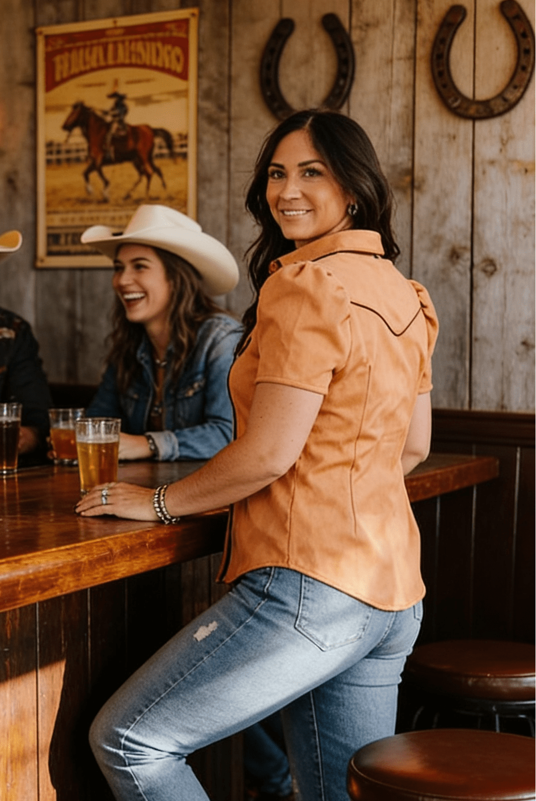 Camel Suede Western Pearl Snap Top – Puff Sleeve Cowgirl Shirt - Cowhide and Conchos