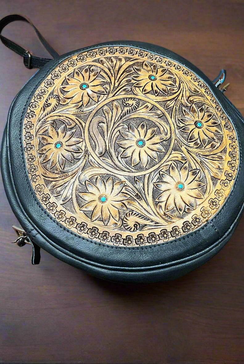 Canteen Bag - Green Leather & Hair on Hide - Cowhide and Conchos