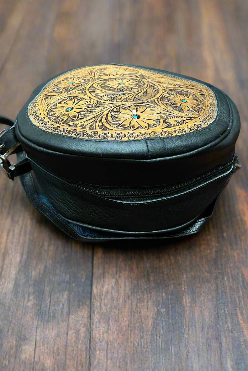 Canteen Bag - Green Leather & Hair on Hide - Cowhide and Conchos