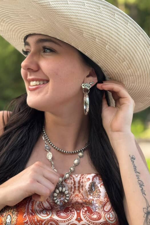 Card Theme Hoop Fashion Earrings - 2 inch drop - Cowhide and Conchos