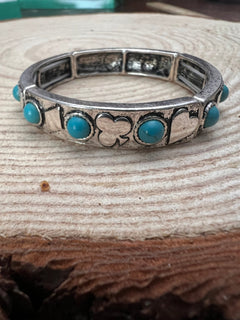 Card Theme Stretch Bracelet with Faux Turquoise - Cowhide and Conchos