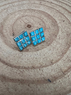 Charles Malani Turquoise & Sterling Silver Earrings - Cowhide and Conchos