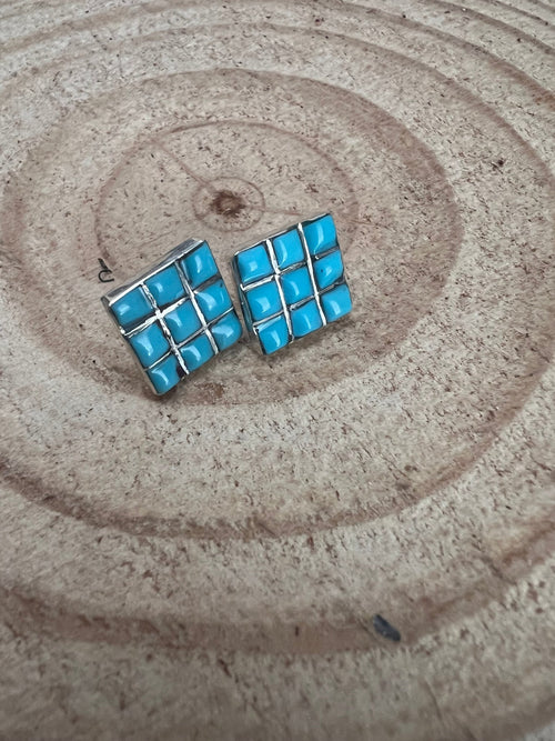 Charles Malani Turquoise & Sterling Silver Earrings - Cowhide and Conchos