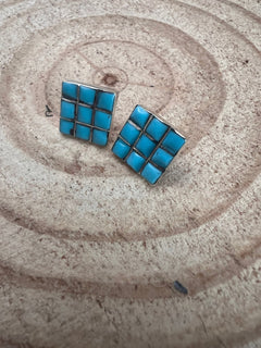 Charles Malani Turquoise & Sterling Silver Earrings - Cowhide and Conchos