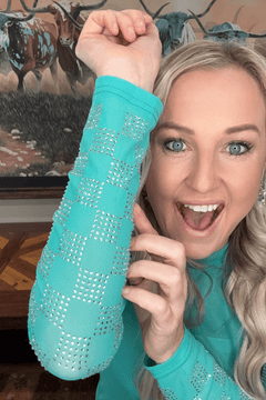 Checked In Turquoise Mesh Top - Cowhide and Conchos