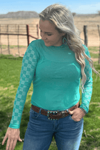 Checked In Turquoise Mesh Top - Cowhide and Conchos