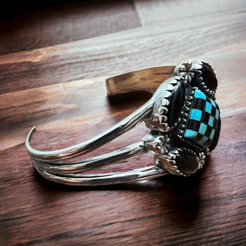 Checker & Stone Blooming Cuff - Cowhide and Conchos
