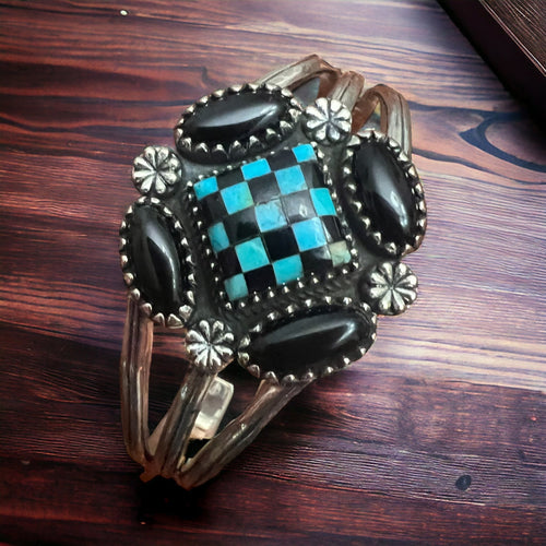 Checker & Stone Blooming Cuff - Cowhide and Conchos