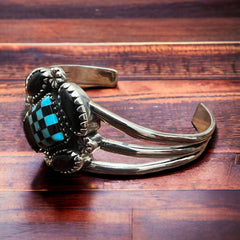 Checker & Stone Blooming Cuff - Cowhide and Conchos