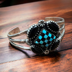 Checker & Stone Blooming Cuff - Cowhide and Conchos