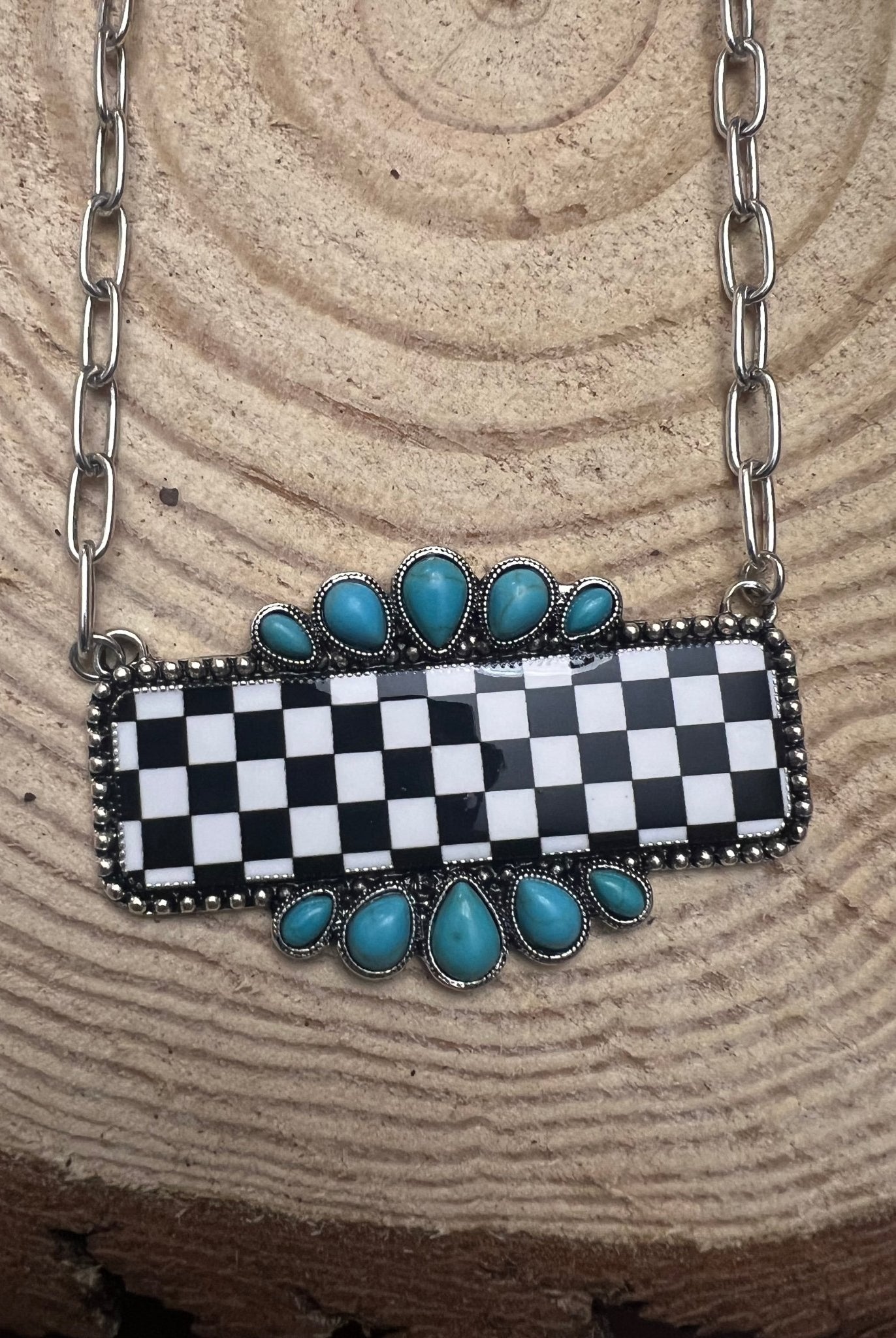 Checkered Bar Necklace with Faux Turquoise - 18 inch necklace - Cowhide and Conchos