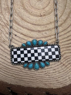 Checkered Bar Necklace with Faux Turquoise - 18 inch necklace - Cowhide and Conchos