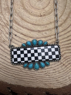 Checkered Bar Necklace with Faux Turquoise - 18 inch necklace - Cowhide and Conchos