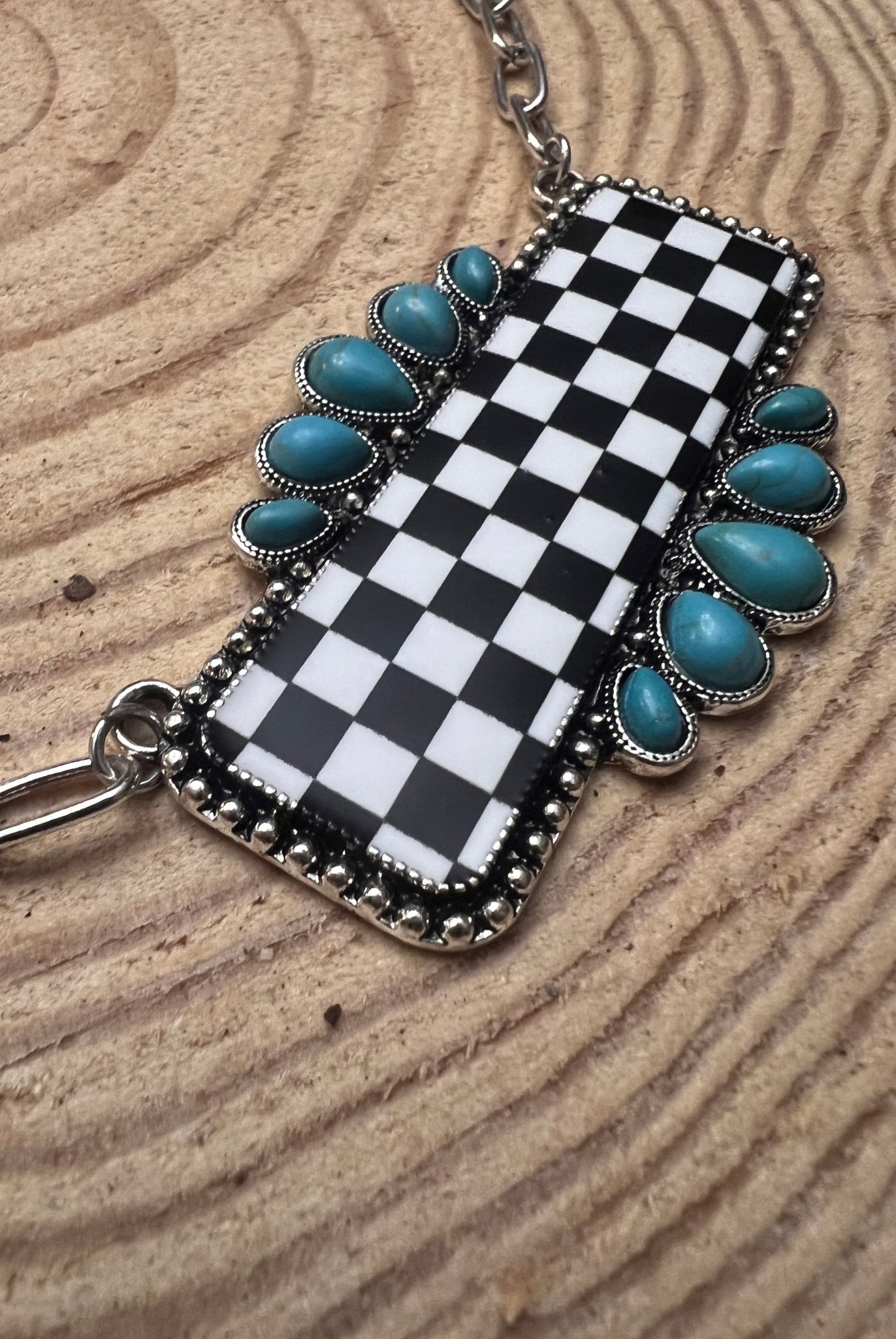 Checkered Bar Necklace with Faux Turquoise - 18 inch necklace - Cowhide and Conchos