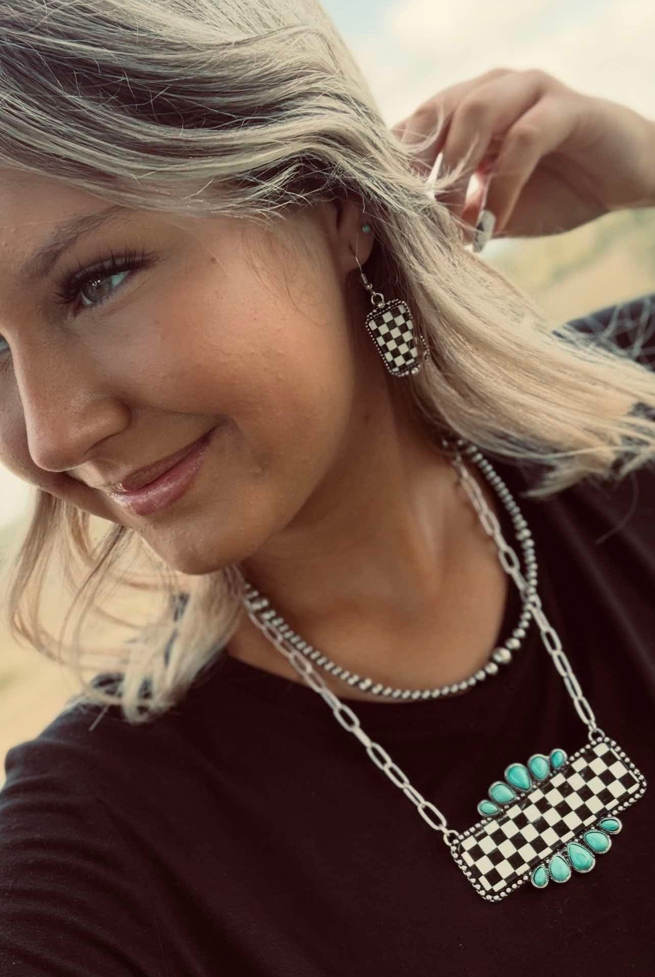 Checkered Bar Necklace with Faux Turquoise - 18 inch necklace - Cowhide and Conchos