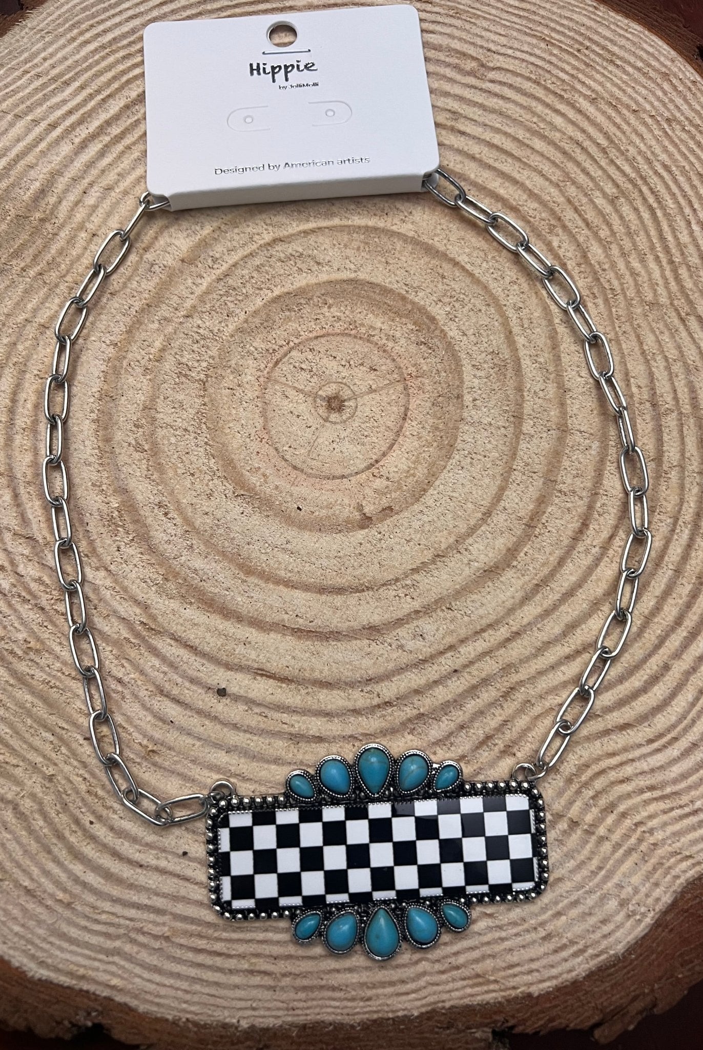 Checkered Bar Necklace with Faux Turquoise - 18 inch necklace - Cowhide and Conchos