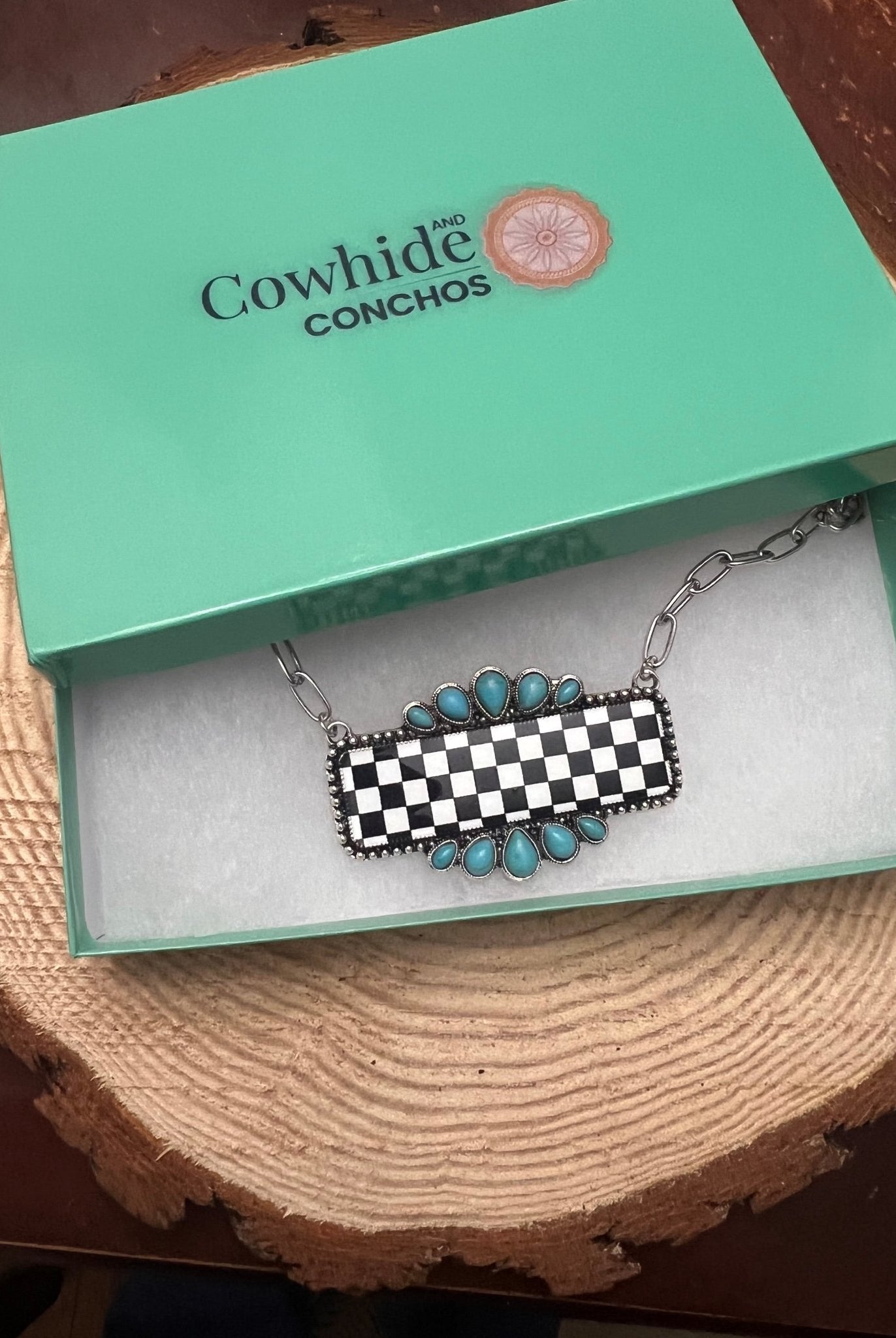 Checkered Bar Necklace with Faux Turquoise - 18 inch necklace - Cowhide and Conchos