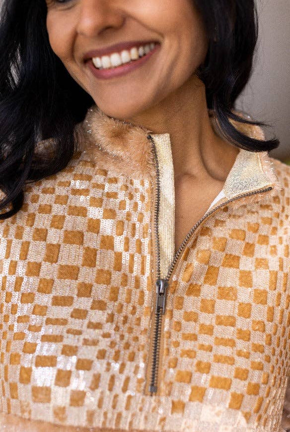 Checkered Half Zip Sherpa Pullover - Cowhide and Conchos
