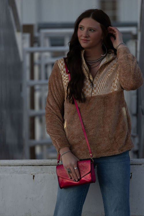 Checkered Half Zip Sherpa Pullover - Cowhide and Conchos